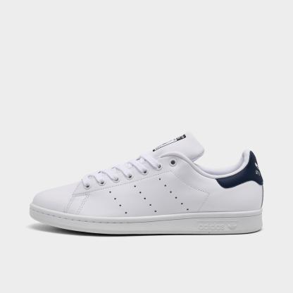 Men's adidas Originals Stan Smith Casual Shoes - Core White/Core White/Dark Blue - Left shoe facing left. Outside of the shoe.