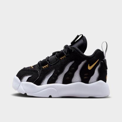 Kids' Toddler Nithtke Air DT Max ‘96 Low Casual Shoes - Black/Metallic Gold/White - Left shoe facing left. Outside of the shoe.