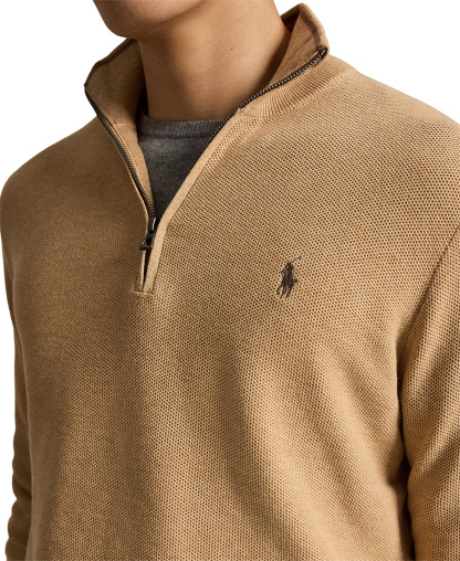 Polo Ralph Lauren Men's Mesh-Knit Cotton Quarter-Zip Sweater - Camel Melange