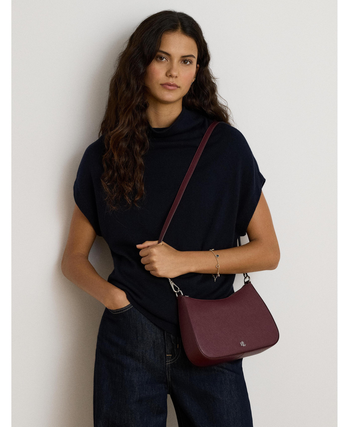 Lauren Ralph Lauren Crosshatch Leather Danni Small Shoulder Handbag - Dark Garnet