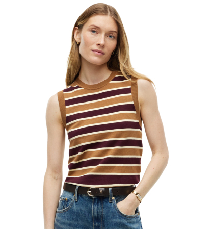 Tommy Hilfiger Women's Striped Sleeveless Crewneck Top - Studio Stripe Deep Burgundy Dark Khaki