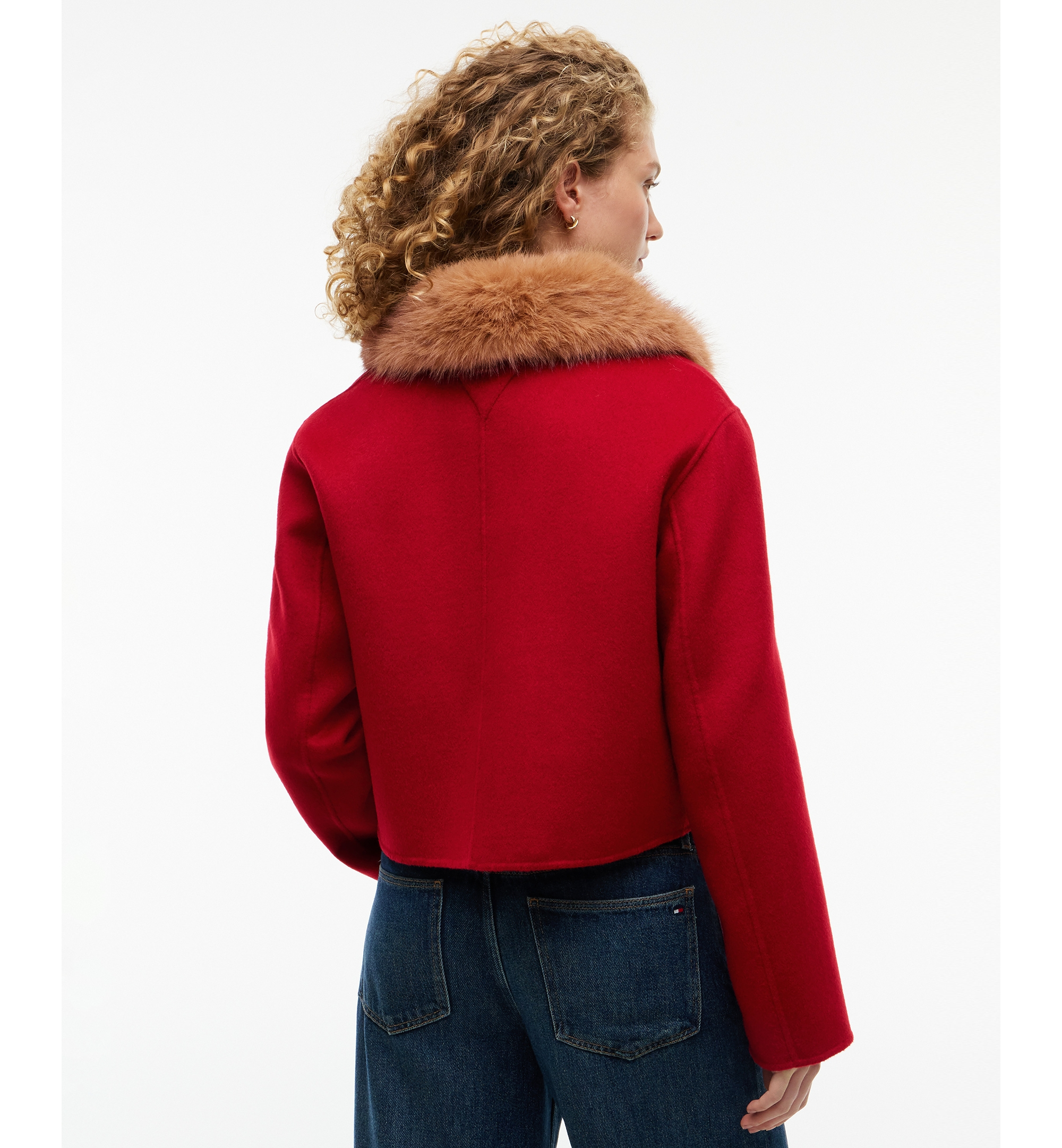 Tommy Hilfiger Women's Wool-Blend Cropped Jacket with Faux Fur - Red