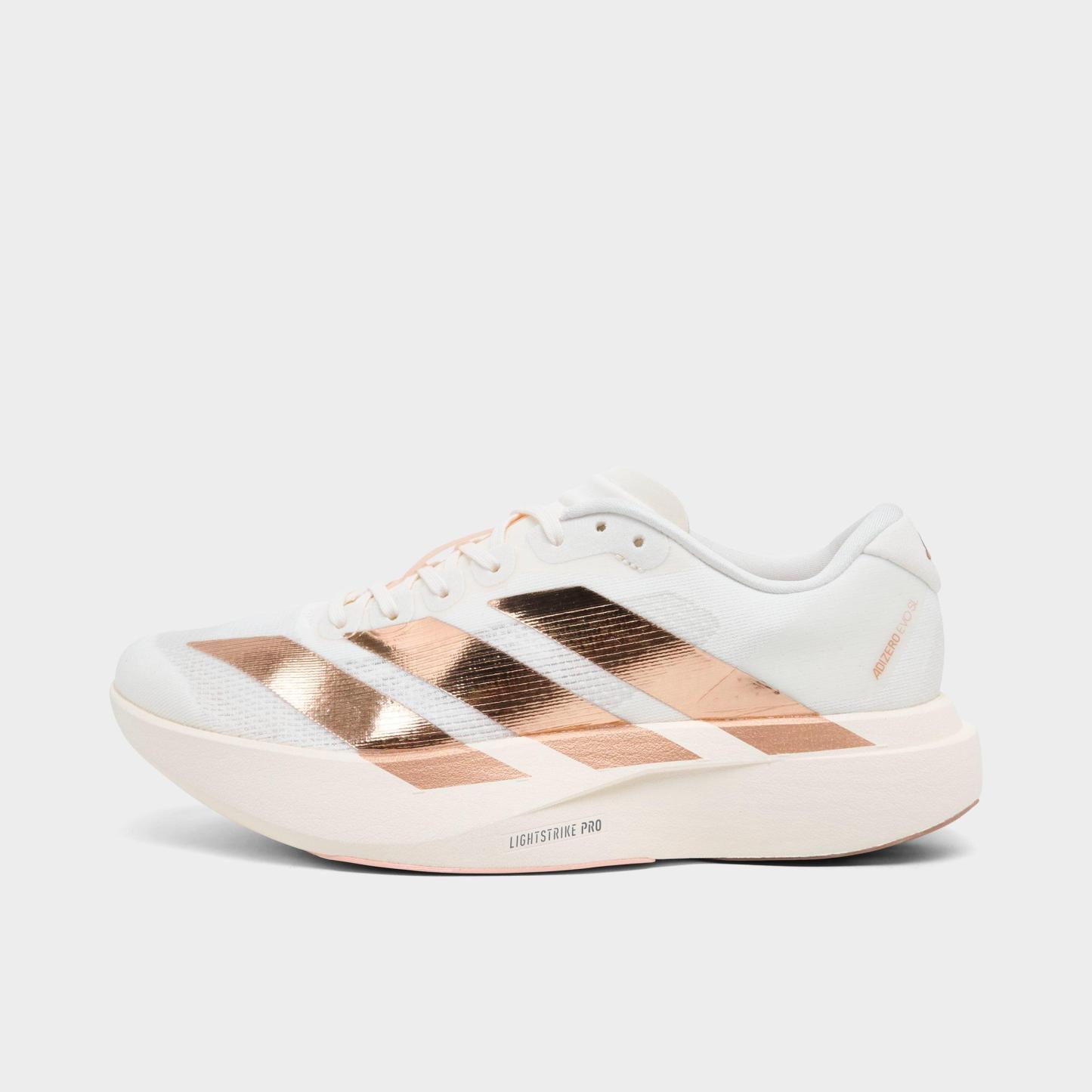 Women's adidas Adizero EVO SL Running Shoes - Part 1 - Off White/Copper Metallic/Blush Pink - Left shoe facing left. Outside of the shoe.