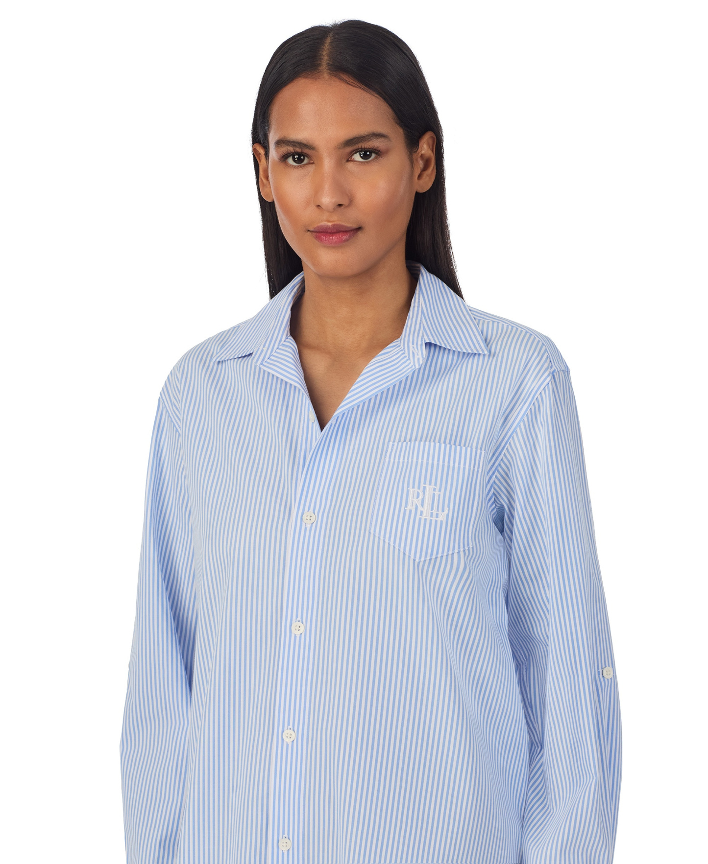 Lauren Ralph Lauren Women's Long-Sleeve Roll-Tab His Shirt Sleepshirt - Blue Stripe