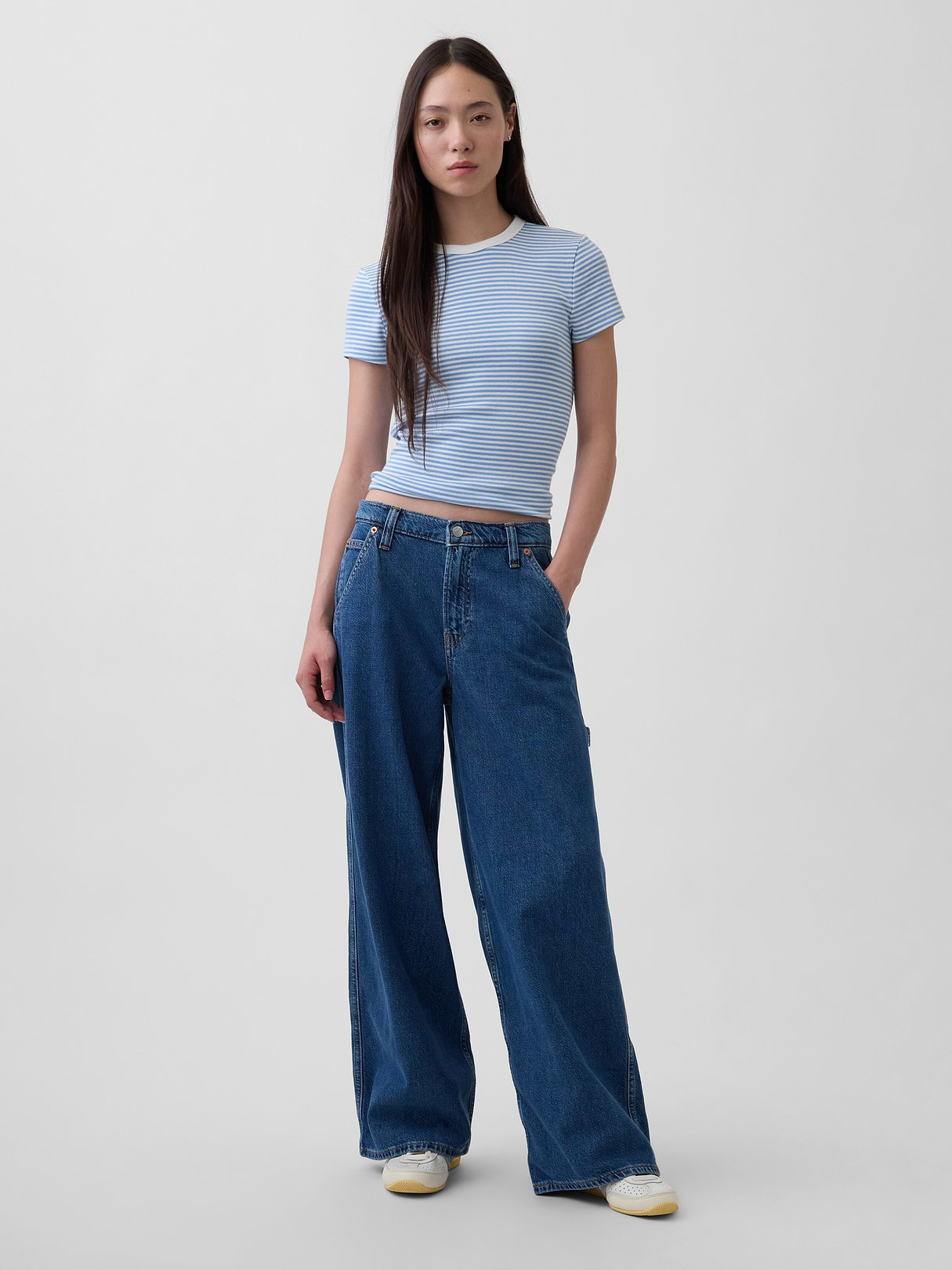 Mid Rise Denim Stripe Baggy Jeans - Dark indigo