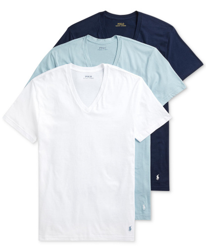 Polo Ralph Lauren Men's 3-Pack V-Neck Classic Undershirts - White / Surf Blue / Cruise Navy