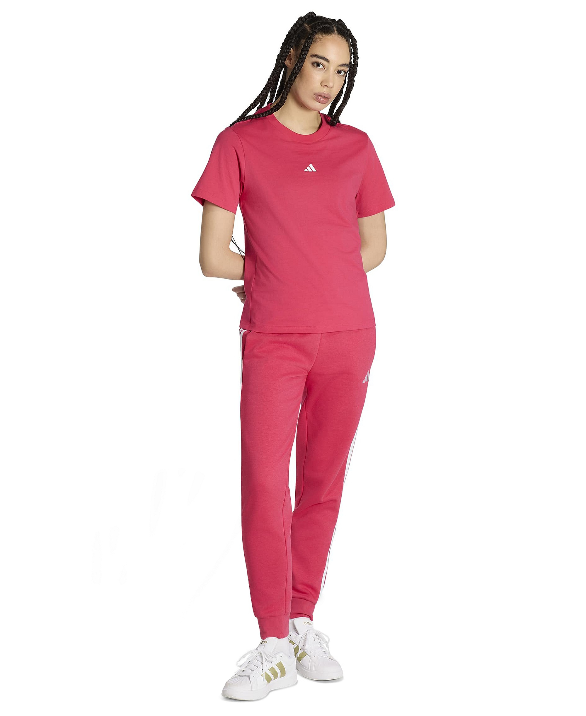 adidas Women's Essentials Three Stripes Fleece Slim Pants - Power Pink/White