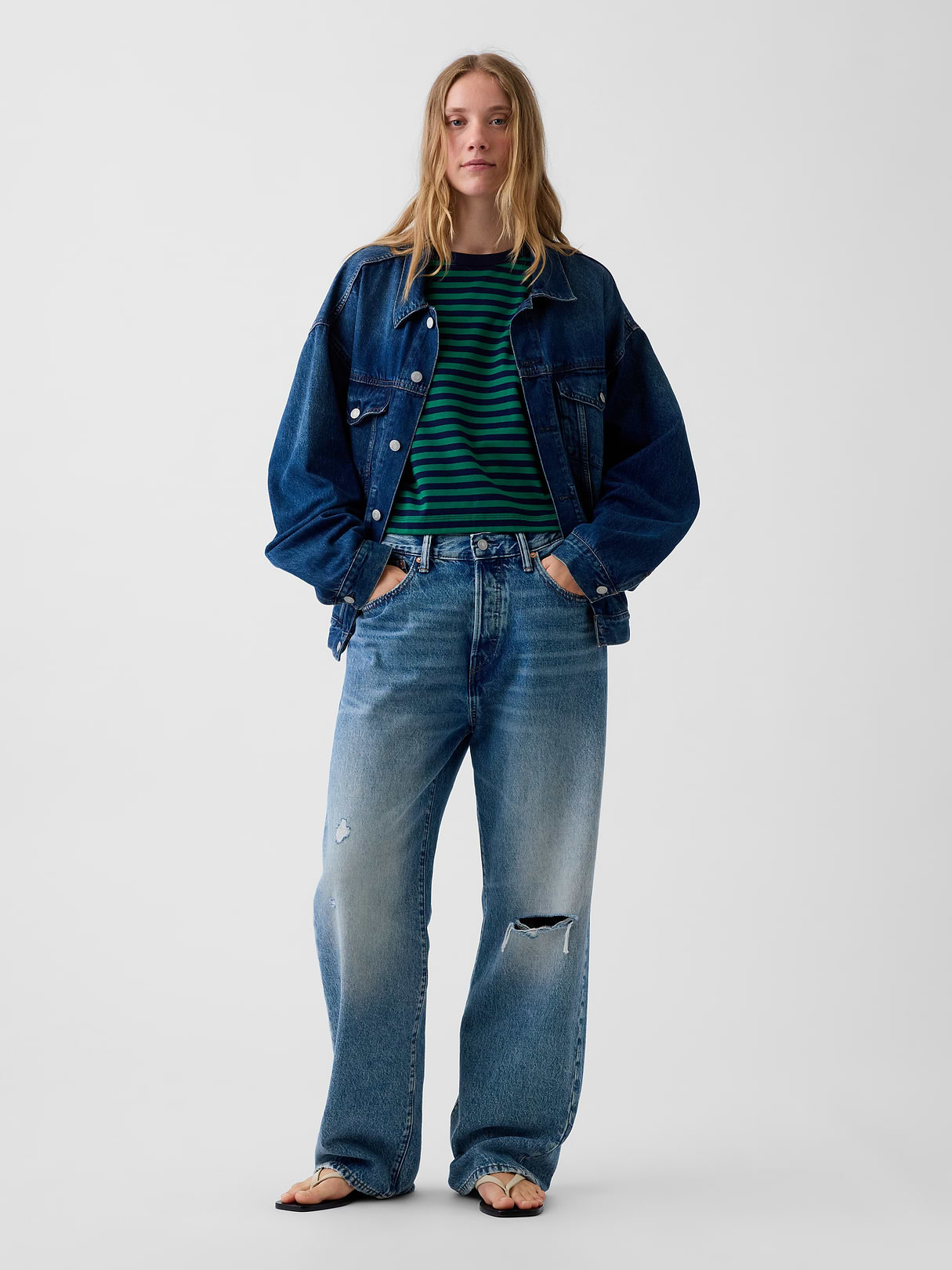 Knit Oversized Crop T-Shirt - Green stripe