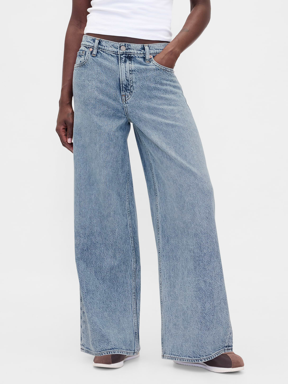 Mid Rise Denim Stripe Baggy Jeans - Light indigo