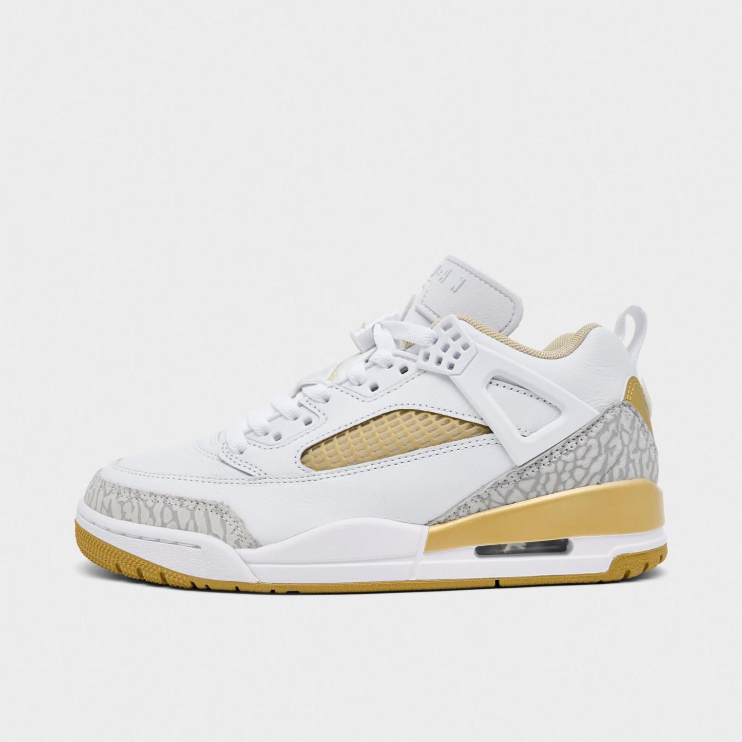 Women's Jordan Spizike Low Casual Shoes - White/Metallic Gold/Neutral Grey/Team Gold - Left shoe facing left. Outside of the shoe. - view 1