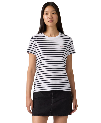 Levi's Women's The Perfect Crew Neck Cotton T-Shirt - Emily Stripe Bright White Navy Blazer