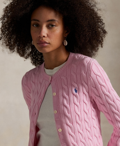 Polo Ralph Lauren Women's Cable-Knit Cotton Crewneck Cardigan Sweater - Carmel Pink