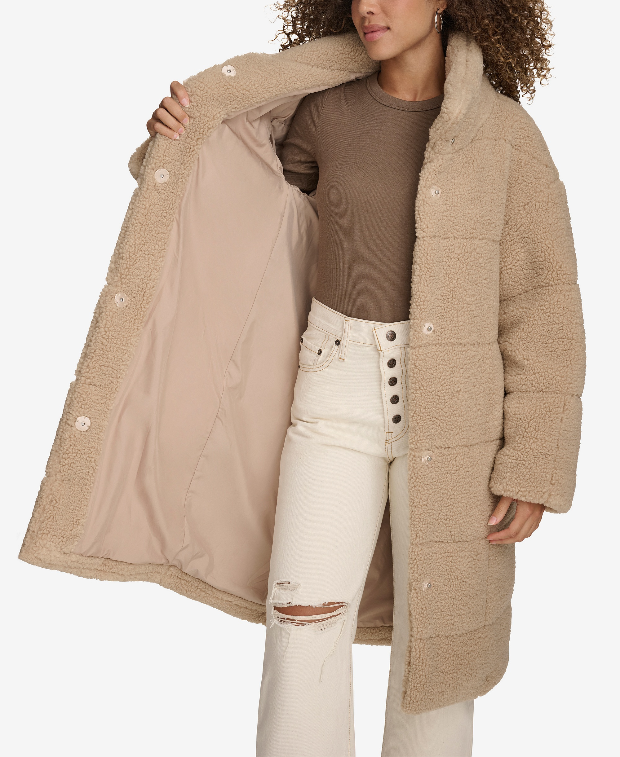 Levi's Women's Long Sherpa Snap-Closure Teddy Coat - Sand