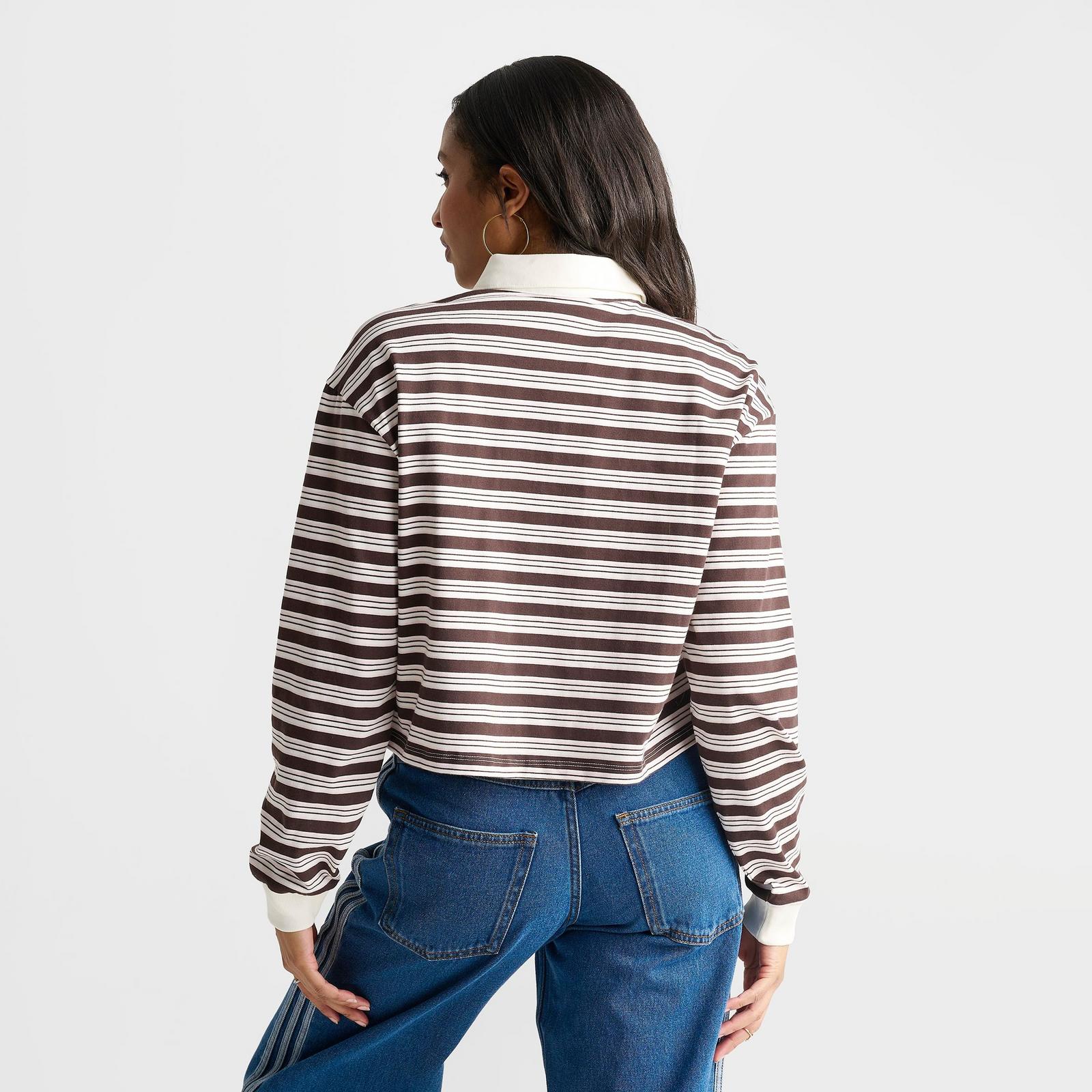 Women's adidas Originals Striped OVZD Long-Sleeve Polo T-Shirt - Aurora Coffee/Sandy Brown - view 4
