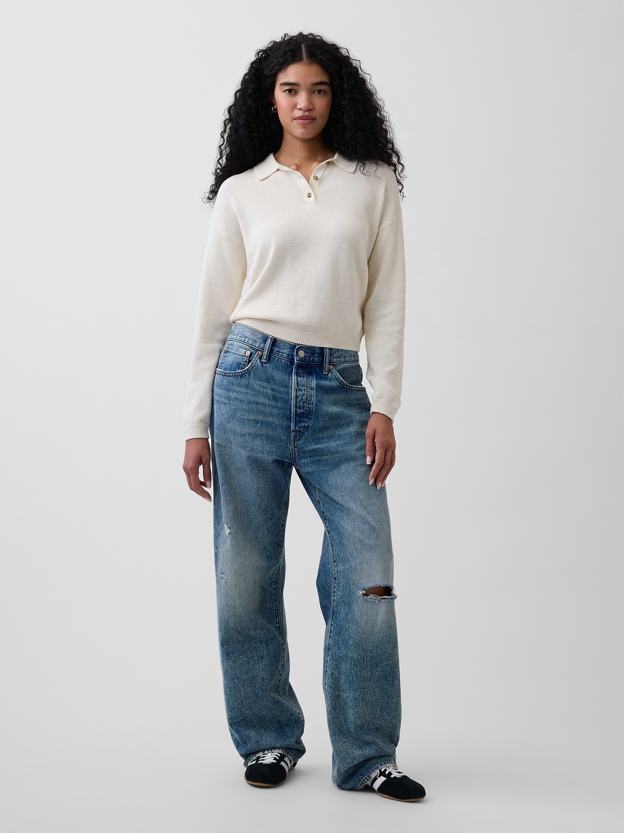 100% Cotton Relaxed Polo Sweater - Ivory beige frost