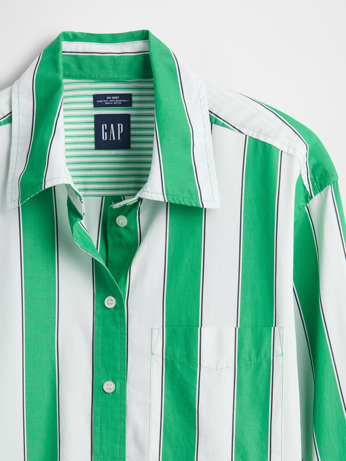 Organic Cotton Poplin Stripe Big Shirt - Green white stripe