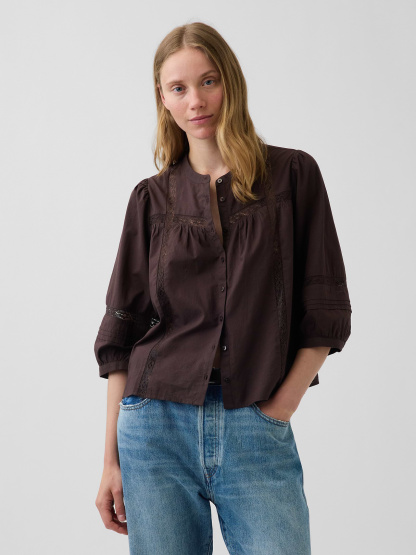 Lace-Trim Button-Front Swing Top - Terra brown