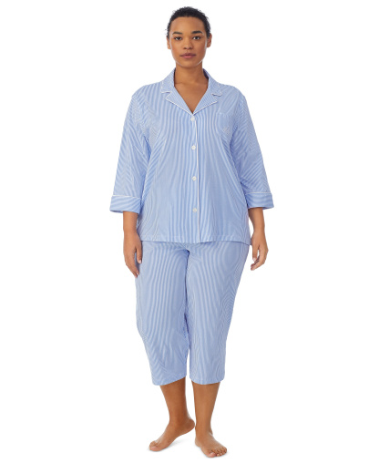 Lauren Ralph Lauren Womens 3/4 Sleeve Cotton Notch Collar Capri Pant Pajama Set - French Blue Stripe