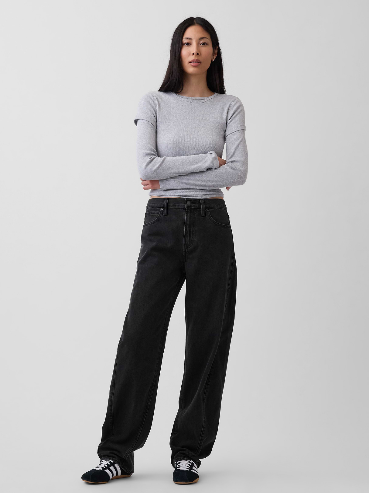 High Rise Khaki Stripe Barrel Jeans - Black