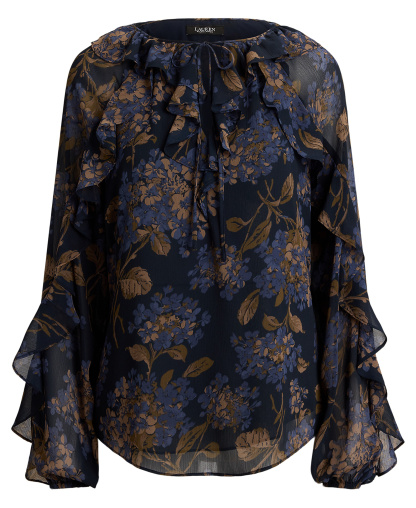 Lauren Ralph Lauren Women's Ruffle-Trim Long-Sleeve Blouse - Navy Multi