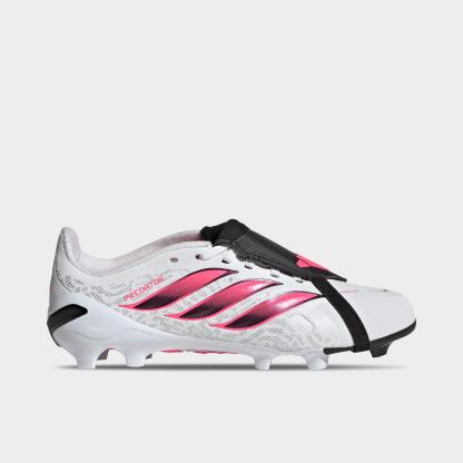 Big Kids' adidas Predator League Fold-Over Tongue Firm Ground Soccer Cleats - Cloud White/Solar Turbo/Core Black - Left shoe facing left. Outside of the shoe.