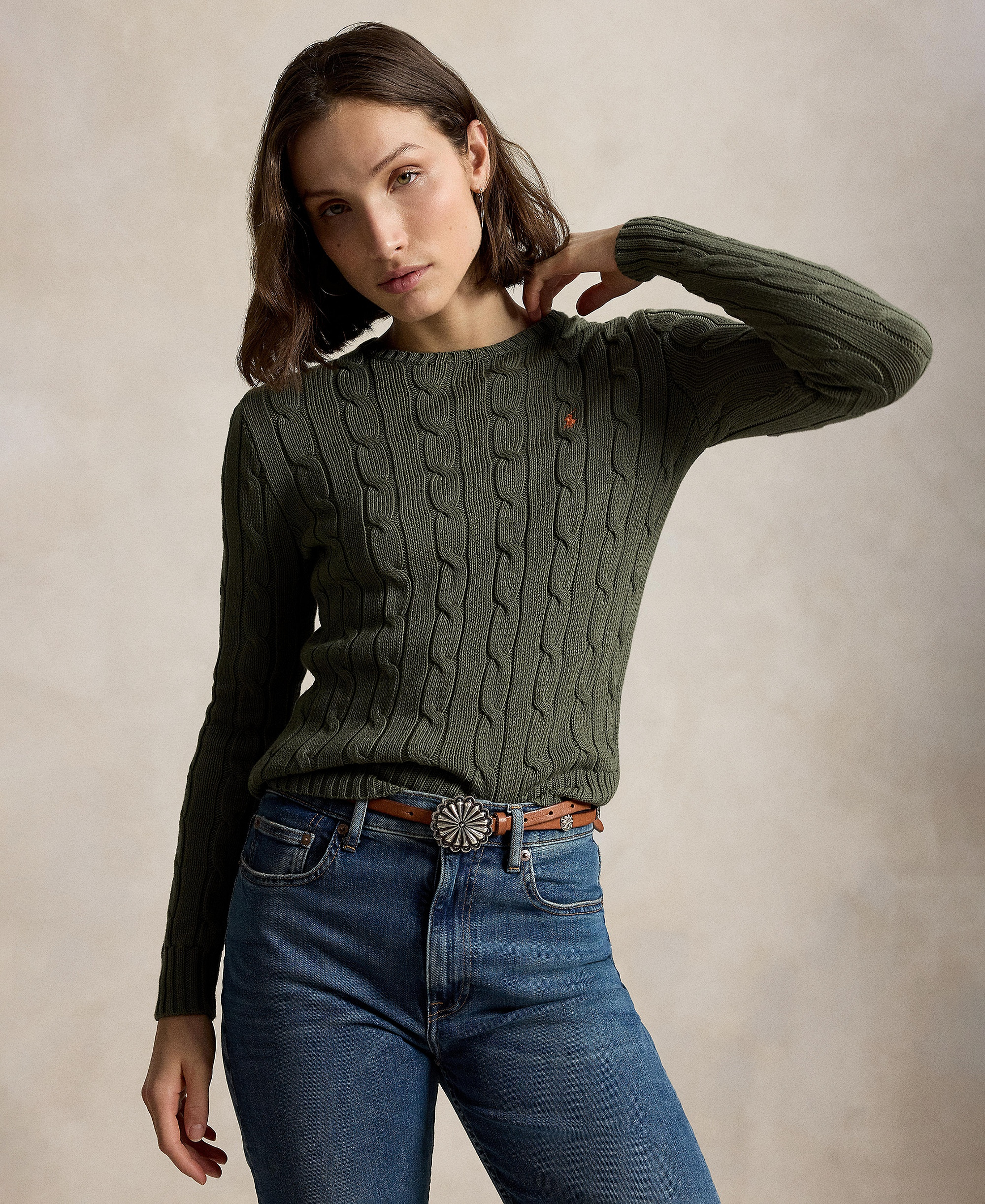 Polo Ralph Lauren Women's Cable-Knit Cotton Crewneck Sweater - Dense Olive