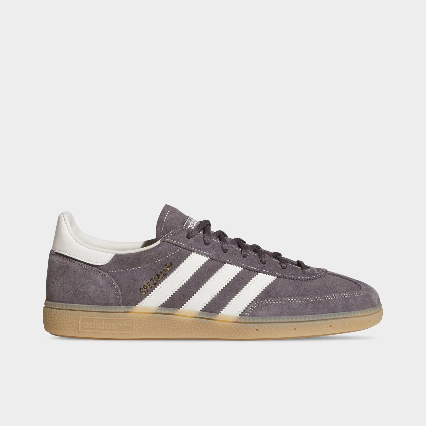 Men's adidas Originals Handball Spezial Casual Shoes - Part 1 - Grey Strata/Off White/Gum - Left shoe facing left. Outside of the shoe.