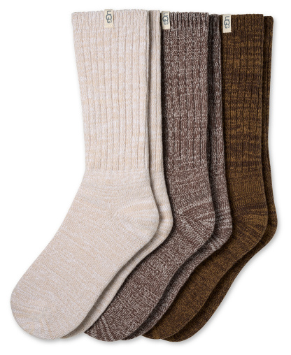 UGG® Women's 3-Piece Rib Knit Slouchy Crew Socks - Burnt Cedar / Moonlight / Coffee Grounds