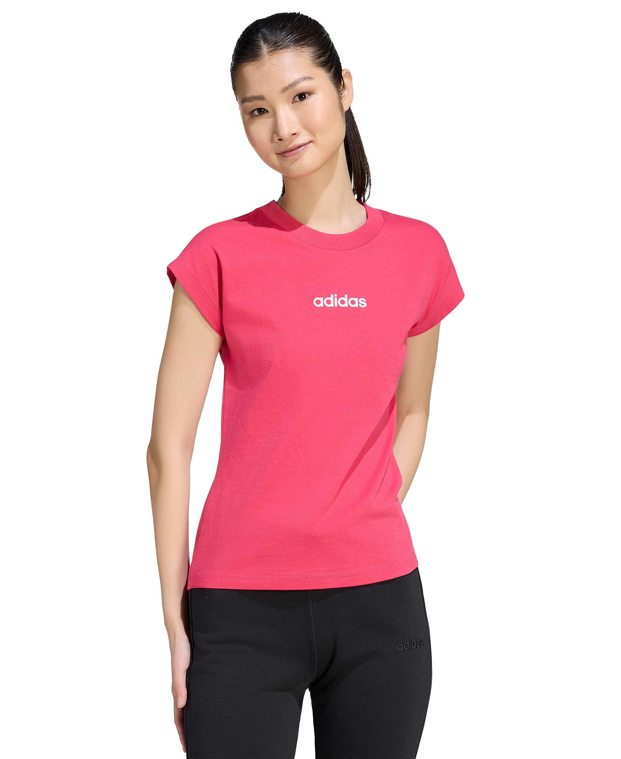 adidas Women's Essentials Linear Cotton T-Shirt - Power Pink/white