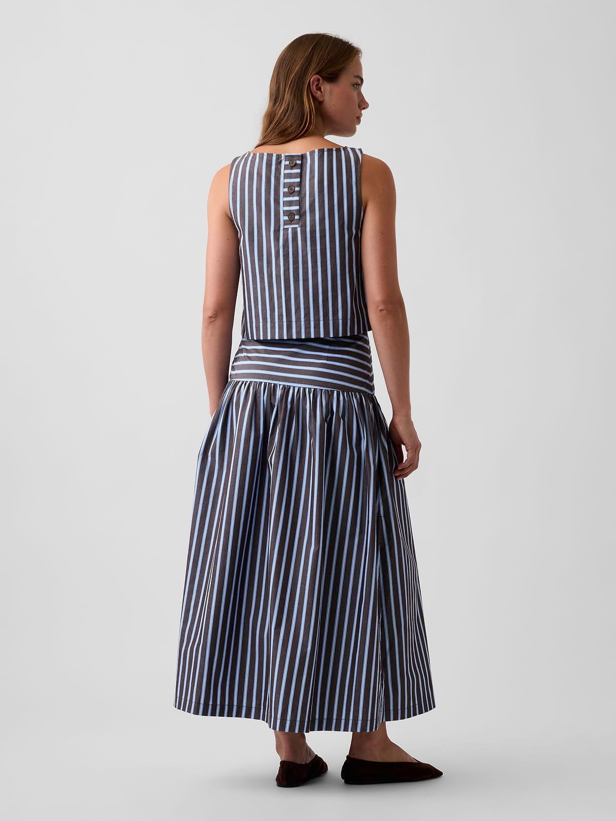Poplin Drop-Waist Maxi Skirt - Blue & brown stripe