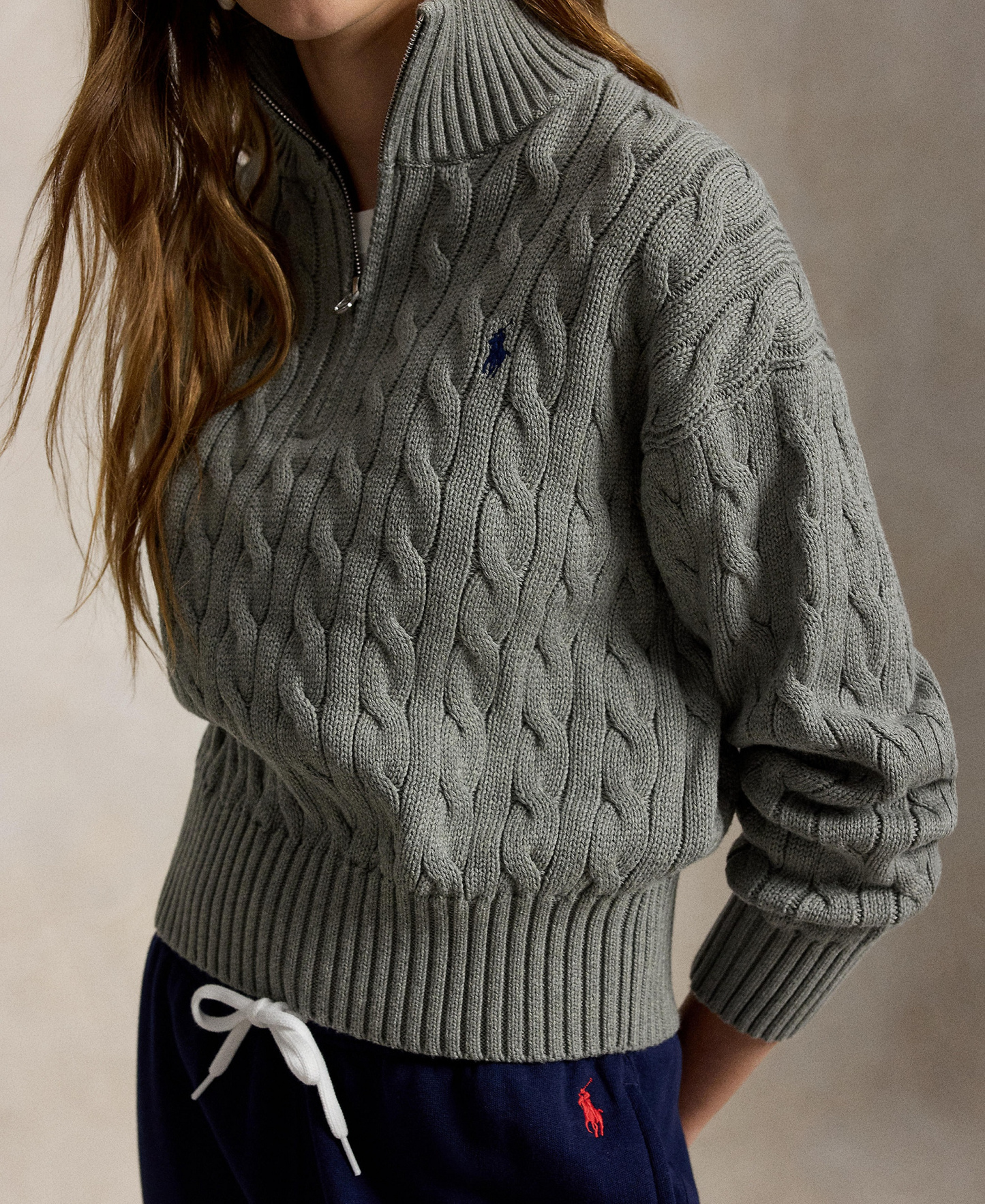 Polo Ralph Lauren Women's Cable-Knit Cotton Quarter-Zip Sweater - Fawn Grey Heather