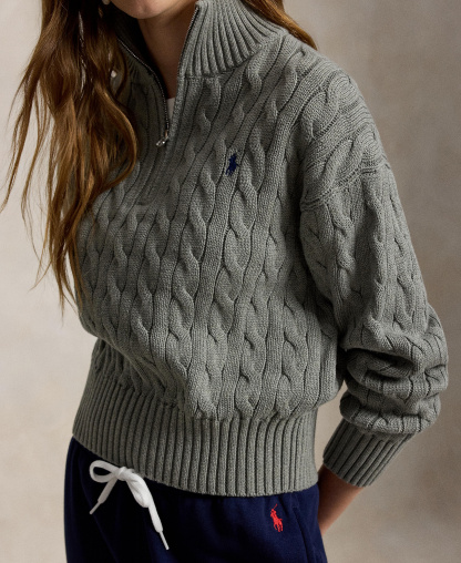 Polo Ralph Lauren Women's Cable-Knit Cotton Quarter-Zip Sweater - Fawn Grey Heather