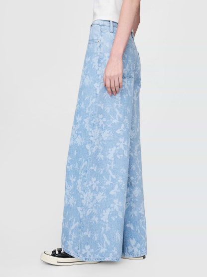 Mid Rise Denim Stripe Baggy Jeans - Light indigo floral