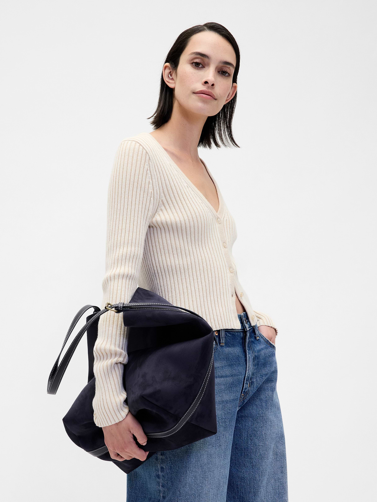 Vegan Suede Bucket Bag - Dark navy blue