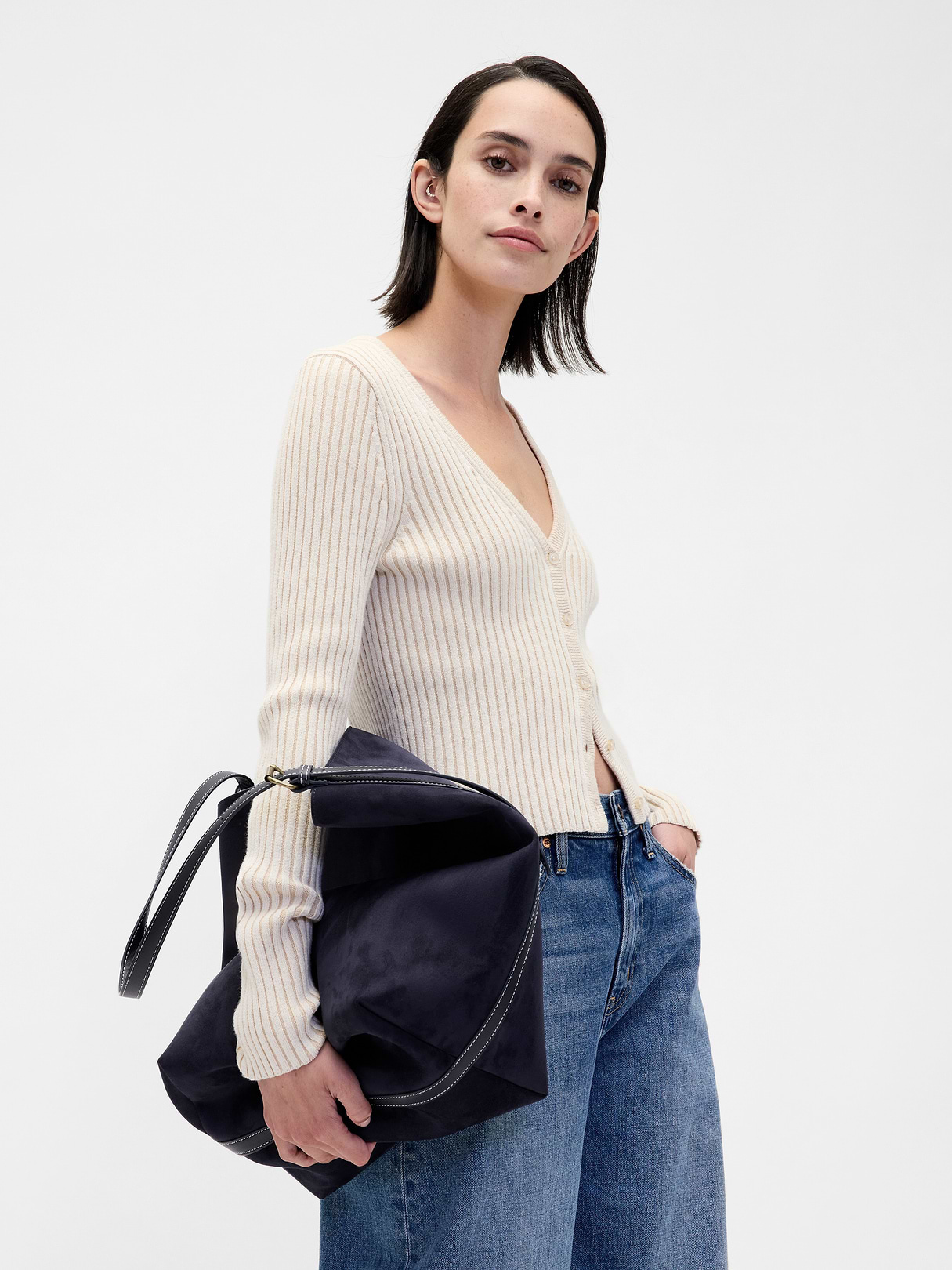 Vegan Suede Bucket Bag - Dark navy blue