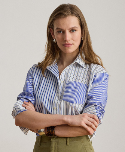 Lauren Ralph Lauren Women's Spread Collar Striped Broadcloth Shirt - Blue/White Multi