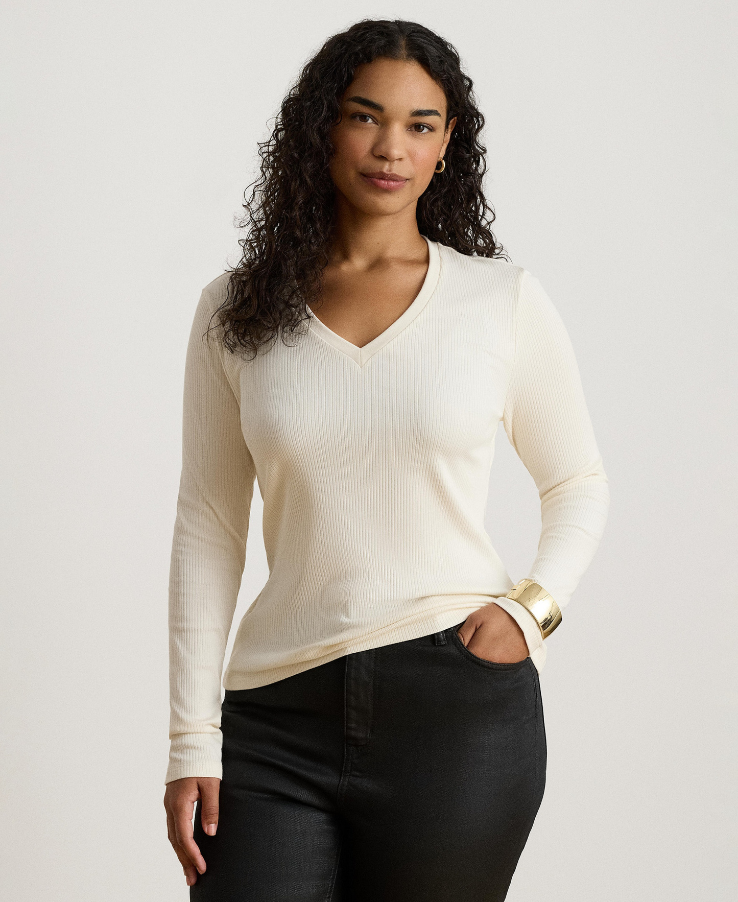 Lauren Ralph Lauren Women's Rib-Knit Long-Sleeve V-Neck Top - Mascarpone Cream