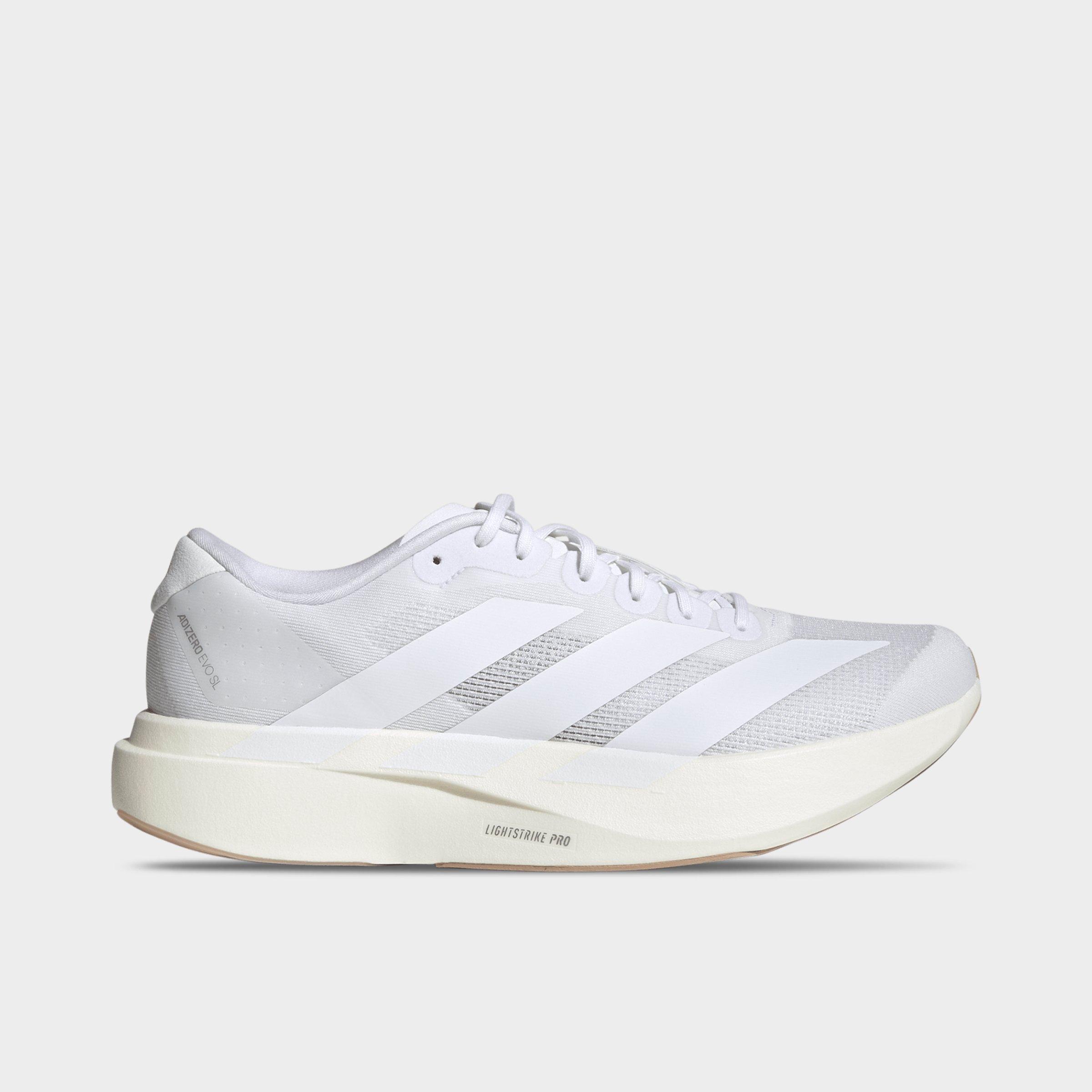 Men's adidas Adizero EVO SL Running Shoes - Part 1 - Cloud White/Cloud White/Warm Sandstone - Left shoe facing left. Outside of the shoe.