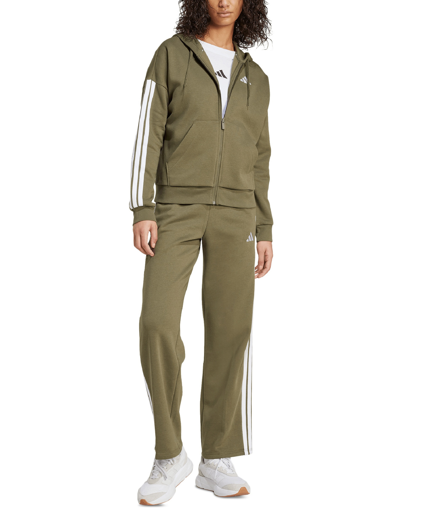 adidas Women's 3-Stripe Fleece Full-Zip Hoodie - Olive Strata/White