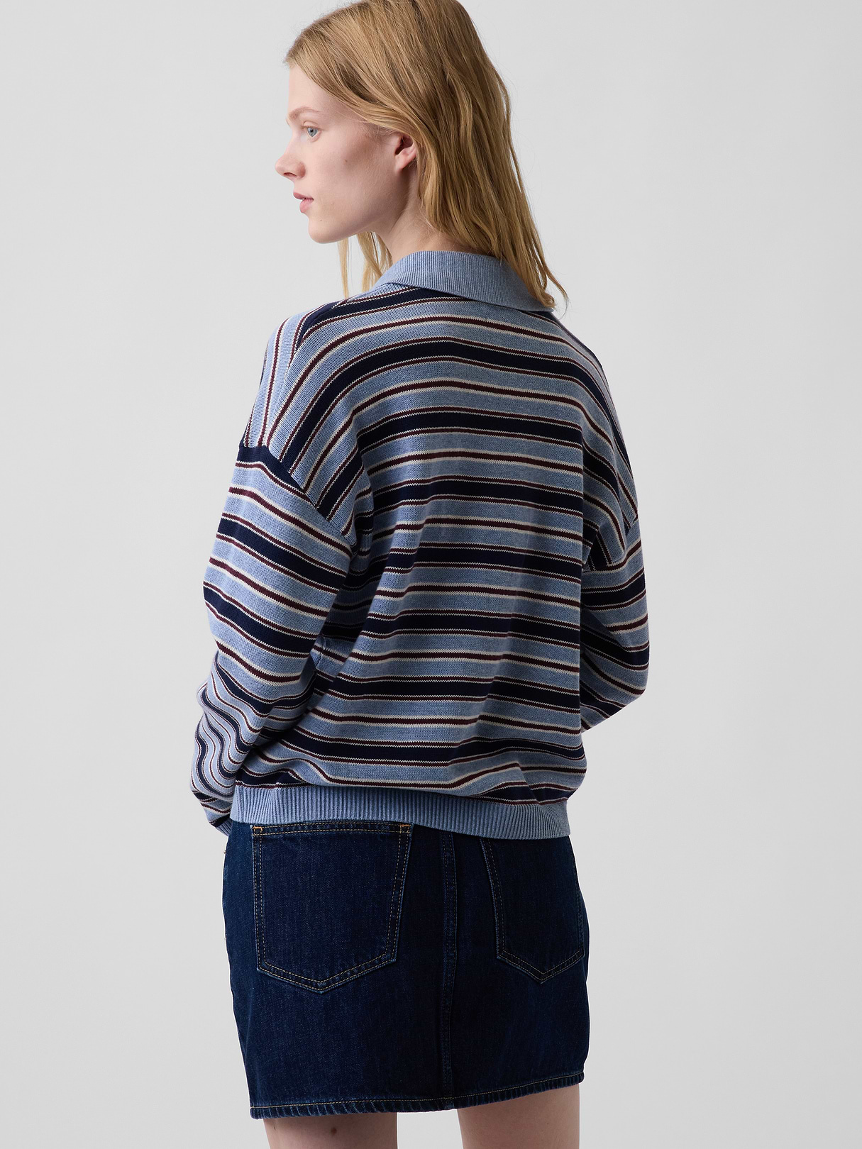 100% Cotton Relaxed Polo Sweater - Blue stripe