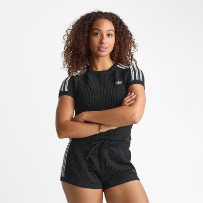 Women's adidas Originals Knitted Crochet Cali T-Shirt - Black - view 3