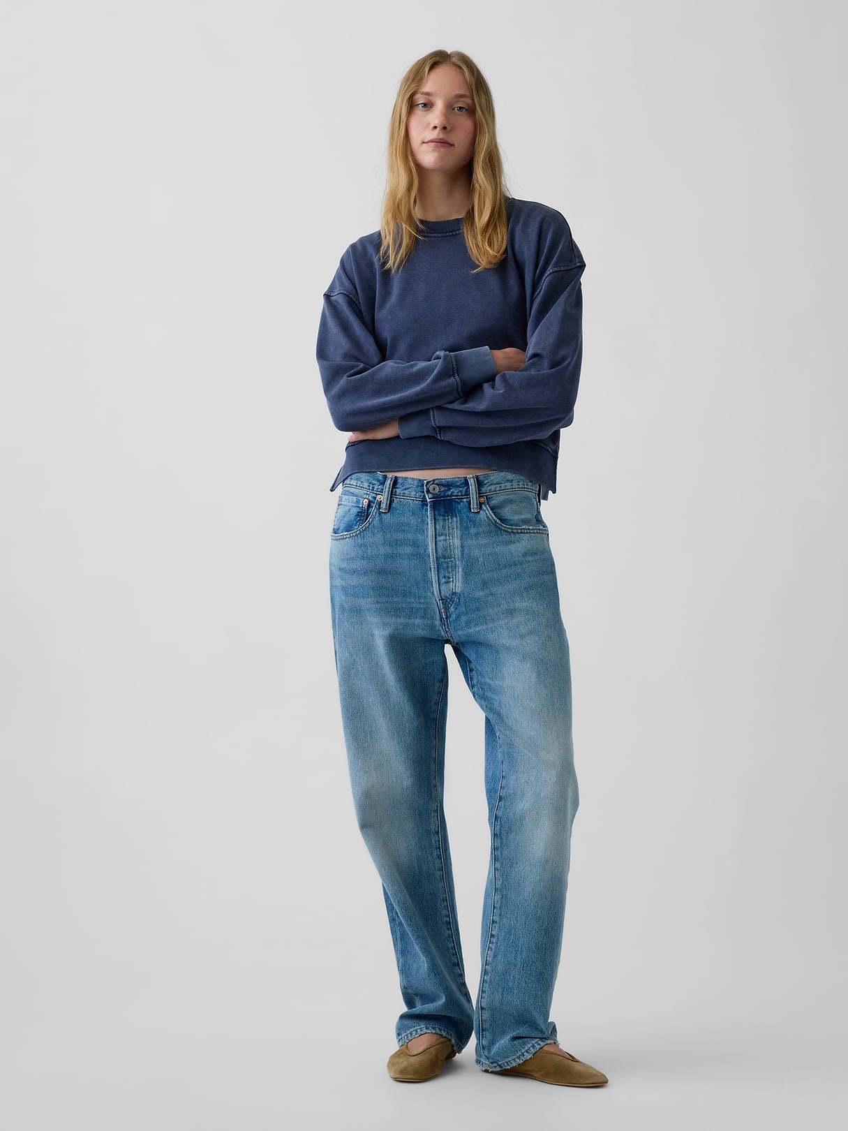 VintageSoft Terry Oversized Wedge Side-Slit Sweatshirt - Tapestry navy blue wash