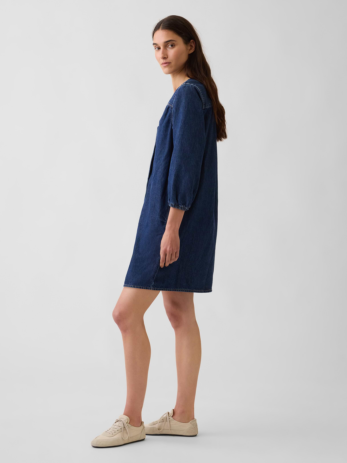 Denim V-Neck Shift Mini Dress - dark wash