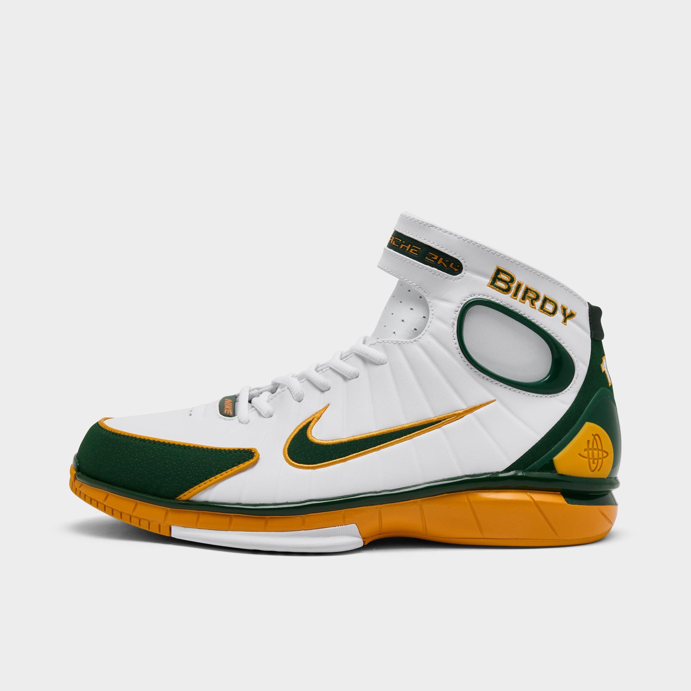 Men's Nithtke Air Zoom Huarache 2K4 PE Penny Hardaway Basketball Shoes - White/Deep Forest/Canyon Gold - Left shoe facing left. Outside of the shoe.