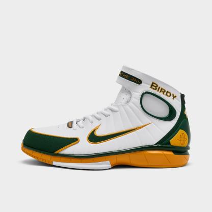Men's Nithtke Air Zoom Huarache 2K4 PE Penny Hardaway Basketball Shoes - White/Deep Forest/Canyon Gold - Left shoe facing left. Outside of the shoe.