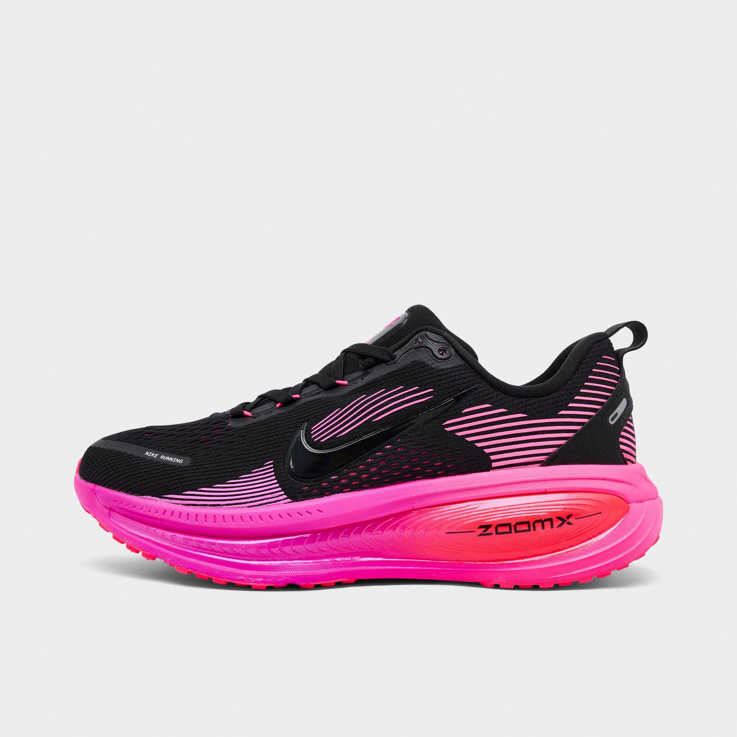 Women's Nithtke Vomero 18 Running Shoes - Part 1 - Black/Hyper Pink/Laser Crimson/Black - Left shoe facing left. Outside of the shoe.