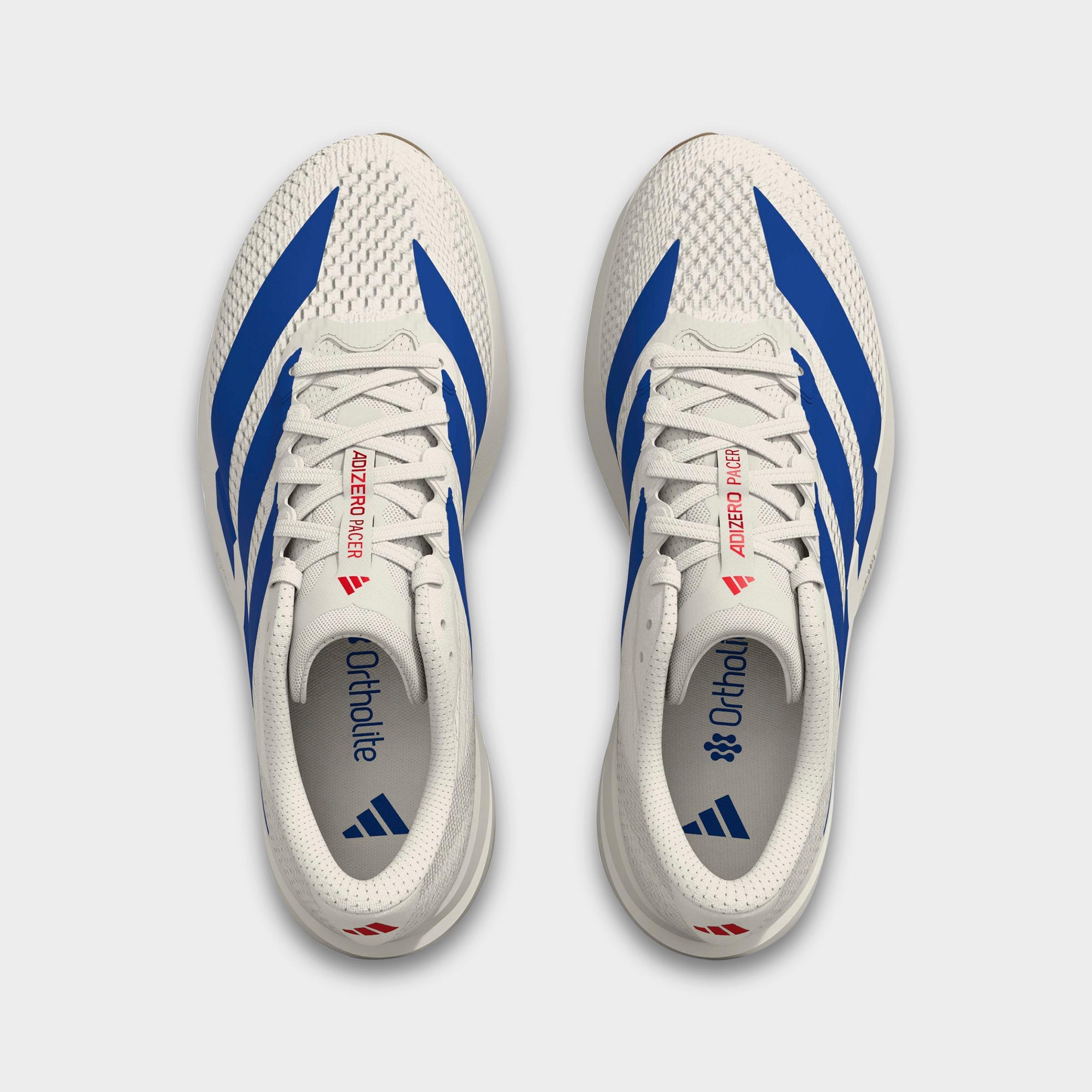 Men's adidas Adizero Pacer Running Shoes - Core White/Royal Blue/Pure Ruby - Top view