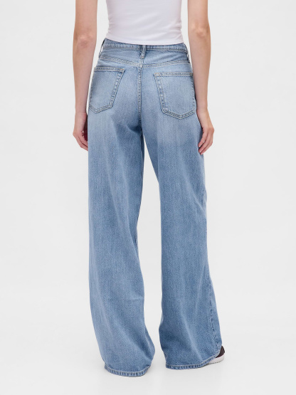 Mid Rise Denim Stripe Baggy Jeans - Light indigo wash