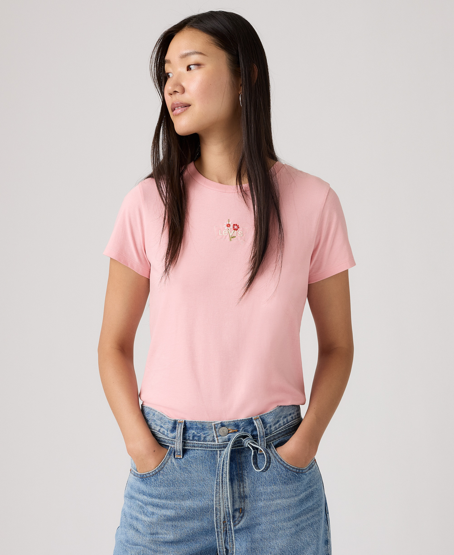 Levi's Women's Perfect Graphic Logo Cotton T-Shirt - Floral Emb Bw Coral Blush