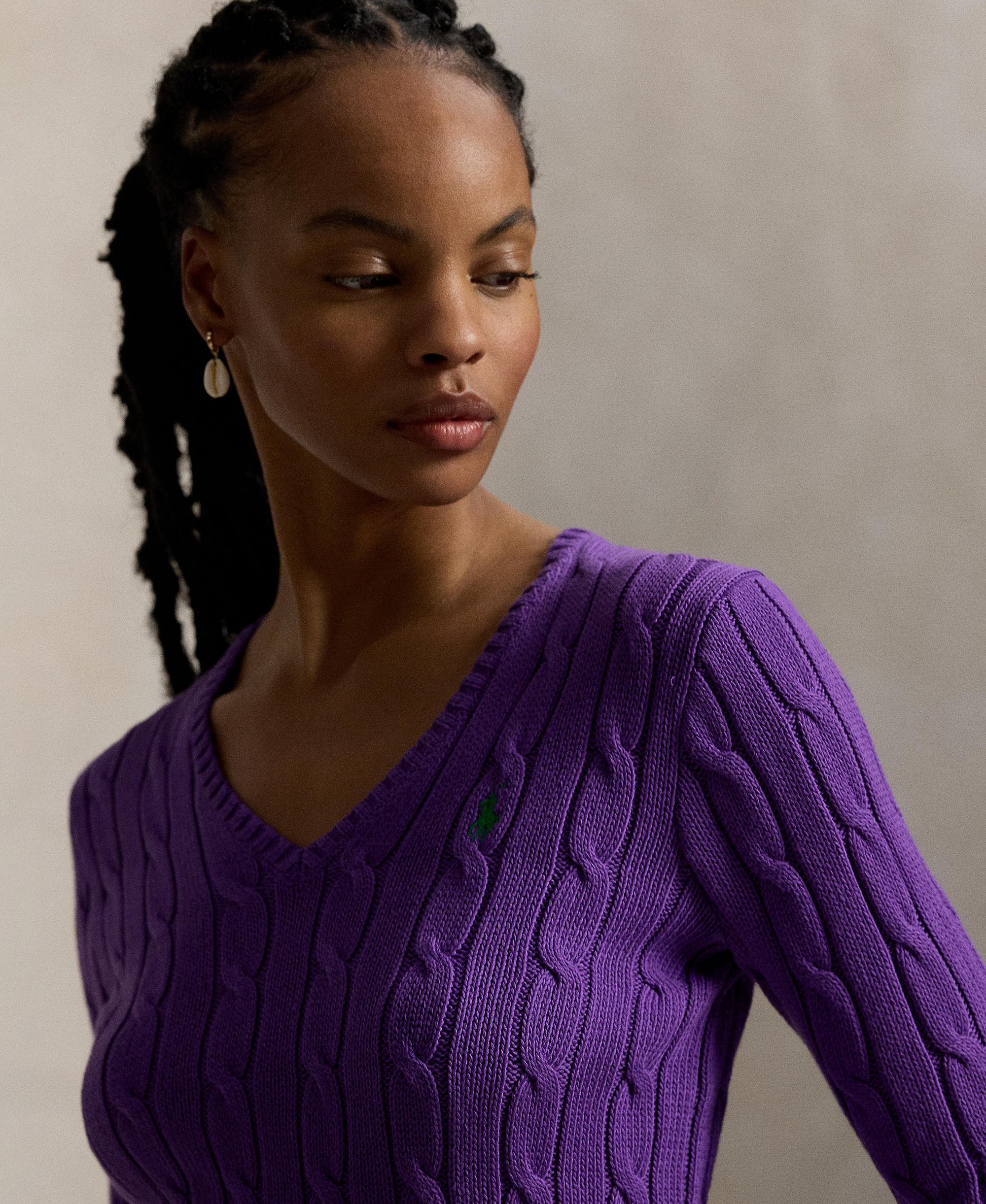 Polo Ralph Lauren Women's Cable-Knit Cotton V-Neck Sweater - Magenta